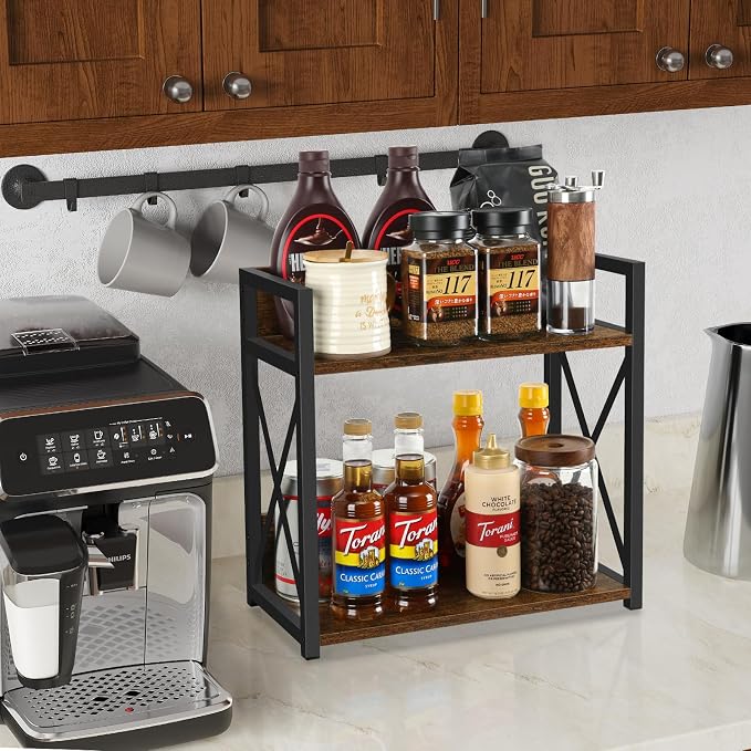 YINMIT Countertop Shelf Organizer,Coffee Bar Accessories,Spice Rack,Coffee Counter Shelf,2 Tier Coffee Organizer Station for Mugs,Cups,Cream,Syrup(Rustic Brown,Large) - Image 2