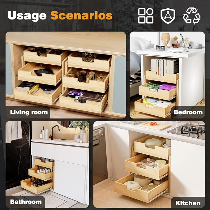 Pull Out Cabinet Organizer, 23''W×21''D Sliding Drawers for Cabinets, 3 Tier Soft Close Slide Out Wooden Pull out Drawers, Base Cabinet Organization for Kitchen, Pantry, Bathroom - Image 7