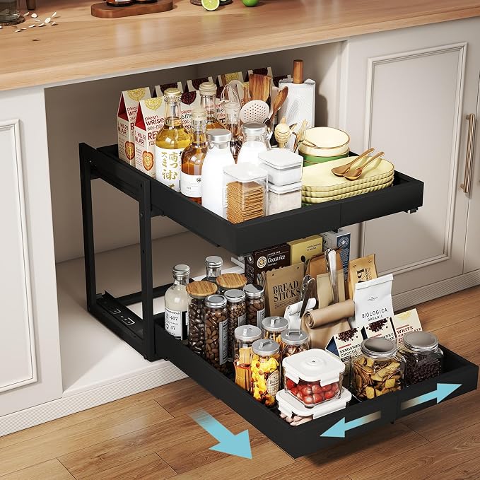 2-Tier Expandable Pull Out Cabinet Organizer, Cabinet Drawers, 21"D | Cabinet Pull Out shelves, Adjustable Pantry Drawers, Slide Out Drawers for Kitchen Cabinets, Under Sink Organizer,Large Black by Golener