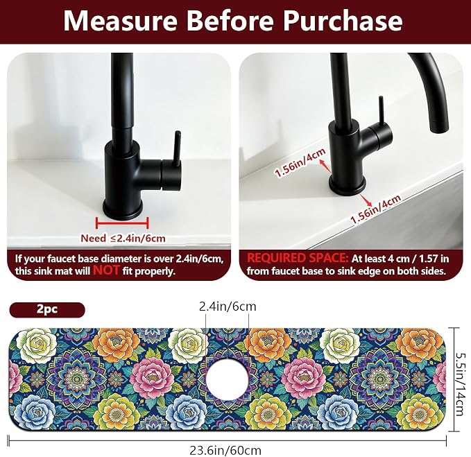 2 Pcs Kitchen Sink Splash Guard Faucet Mat Vintage Florals Faucet Mat for Sinks Bohemian Flowers Absorbing Drying Mats for Kitchen Bathroom, 23.6x5.5inch - Image 2