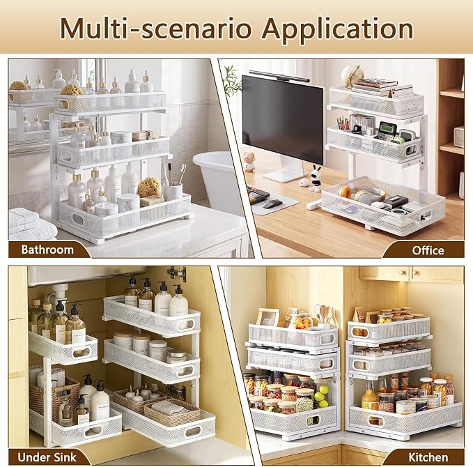 Under Sink Organizer, 2-Pack 3-tier Under Sink Storage Organizer Adjustable Height Easy Assembly Pull Out Cabinet Organizers Basket for Bathroom Kitchen Pantry Home Organization - Image 4