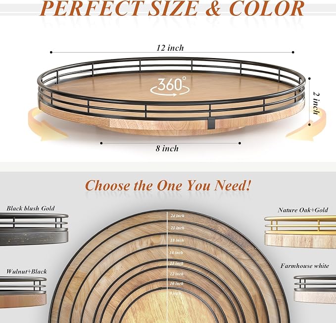 AMH 12-Inch Farmhouse Oak Lazy Susan Organizer | Smooth rotating oak tray with walnut finish for dining tables, kitchen counters, pantries and cabinet storage. - Image 6