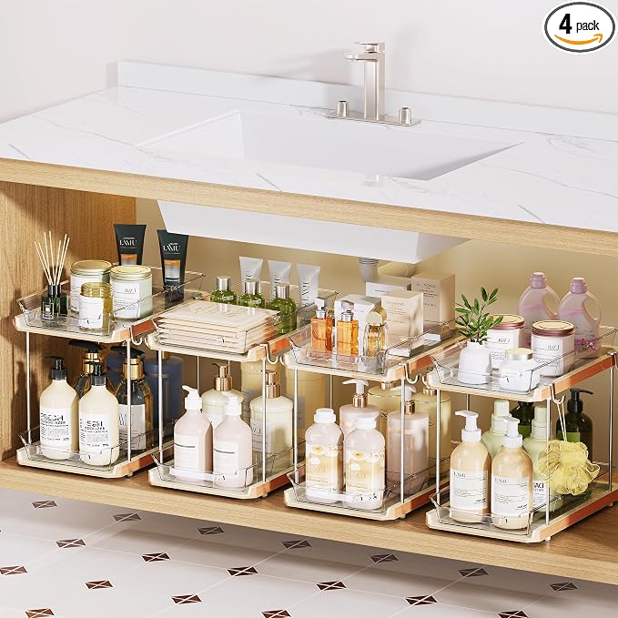 Delamu 2 Tier Under Sink Organizer Bathroom, Bathroom Cabinet Organizer with Snap-Lock Design and Hooks, Pull Out Storage with Movable Dividers, for Countertop, Kitchen and Pantry (White, 4 Pack) by DELAMU