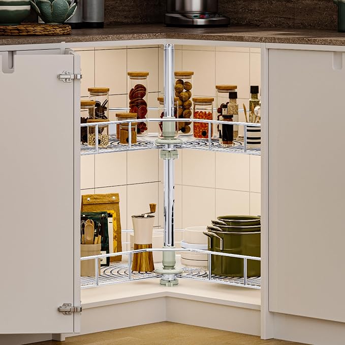 DWVO 31″ Kidney 2-Tier Lazy Susan – Telescoping Mount Corner Cabinet Organizer with Pie-Shelf Design, for Bathroom,Kitchen Cabinet Blind Corners (Chrome, 270° Adjustable) - Image 3