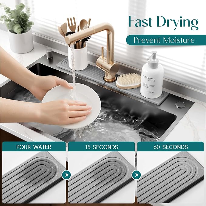 Kitchen Faucet Absorbent Mat - Diatomaceous Earth Splash Guard for Sink Faucet, Aesthetic Water Absorbing Stone Tray in The Modern Home [Grey, 23.6" x 3.9"] - Image 3