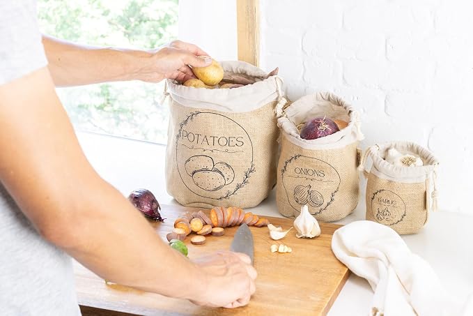 Potato Storage Bag | Natural Jute Potato Onion Garlic Storage Set for Pantry | Breathable & Fresh Onion Potato Storage | Easy to Clean Potato and Onion Storage Bag | Air Flow, Light Blocking - Image 7