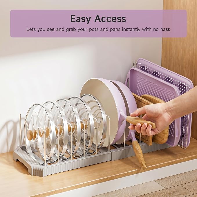 MUDEELA Pots and Pans Organizer under Cabinet, Pan Pot Organizer Inside Cabinet, Expandable 12.9''-21.88'' Pot Lid Organizer Holder with 12 Adjustable Dividers for Cutting Boards, Pan Lid Rack, Grey - Image 7