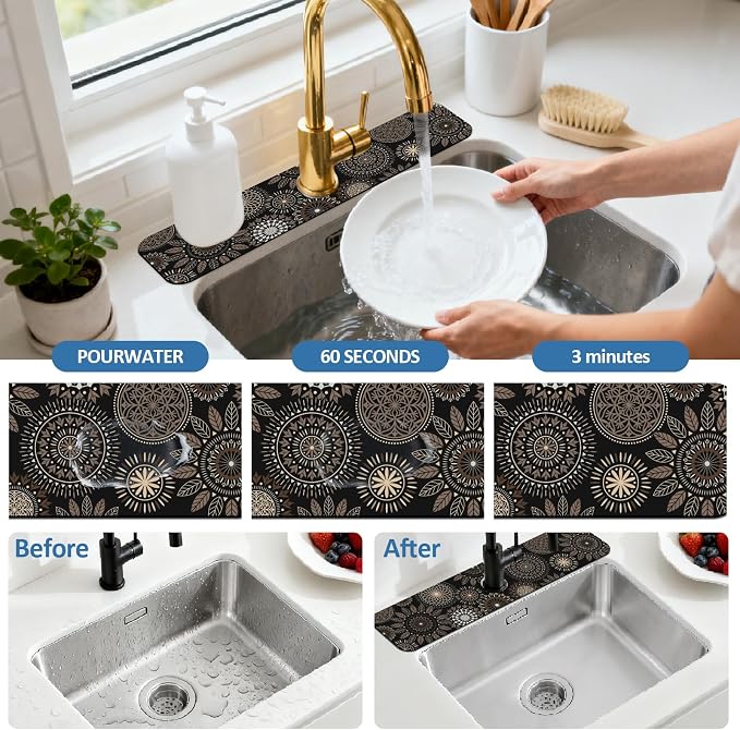 2 Pcs Kitchen Sink Splash Guard Faucet Mat Mandala Pattern Faucet Mat for Sinks Leaves Absorbing Drying Mat for Kitchen Bathroom, 23.6x5.5inch - Image 5