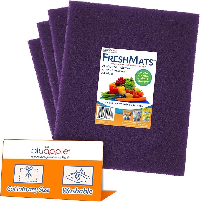 Bluapple FreshMats, Refrigerator Bin Liner, Fridge Drawer Mats, Crisper Life Extender Liner Keeps Produce Fresh Longer, Anti-Bruising, for Air Circulation, Washable & Reusable (4-Mats, 12x15, Purple) by TheBluappleCompany