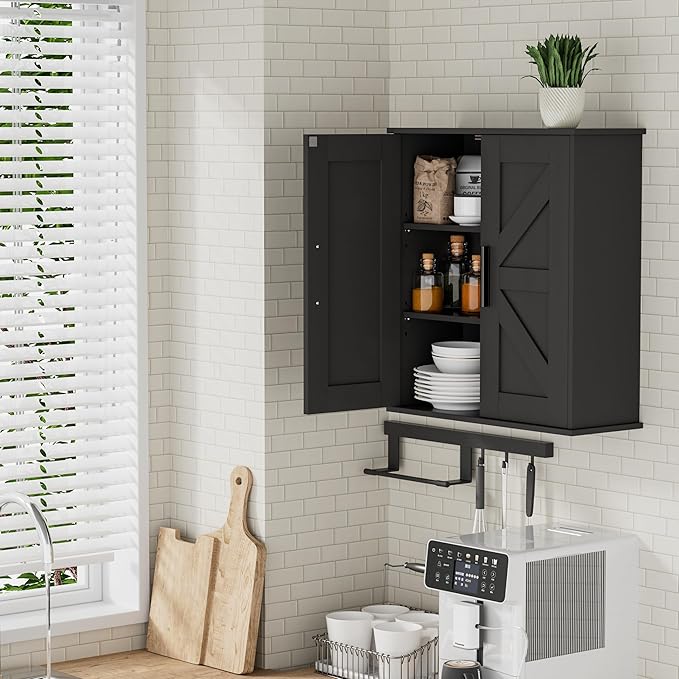 Homleke Bathroom Wall Cabinet, Medicine Cabinet with Adjustable Shelves | 3-Tier Wall Mounted Over Toilet Storage with Barn Doors, for Bathroom, Kitchen, Entryway, Laundry Room, Black, (7.9" D) - Image 7