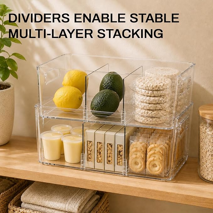 Mpotmiy 8-Pack Pantry Organizers and Storage, Clear Fridge Organizer Bins | Clear stackable plastic bins with removable dividers for packets, snacks, pouches and spices in pantry, fridge or freezer. - Image 5