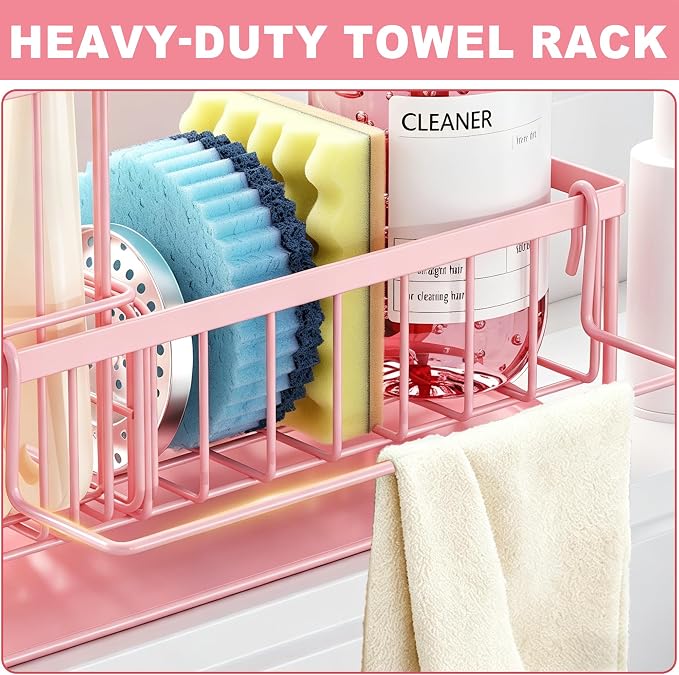 Sponge Holder for Kitchen Sink, Kitchen Sink Caddy, Kitchen Sink Sponge Holder, Dish Sponge Holder, Kitchen Sink Organizer for Sponge, Dish Brush, Scrubber(9.65" x 3.74" x 6.3", Pink) - Image 6