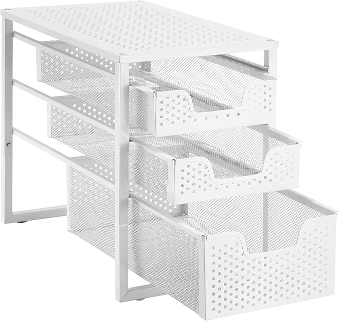 Simple Trending Under Sink Organizer 3-Tier with Sliding Storage Drawer | Multi-Purpose Desktop Organizer, Metal Cabinet Organizer for Kitchen Bathroom Office, Stackbale, Space Saving, White by SimpleTrending