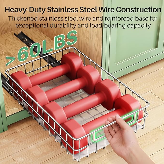 Stainless Steel Pull Out Cabinet Organizer(11.8"W x 16.5"D x 4.7"H)-1 Pack, Minimalist Design Frame, Full-Extension Slide Rails, Easy Installation for Pantry Organizers or Kitchen Cabinet Organizer - Image 4