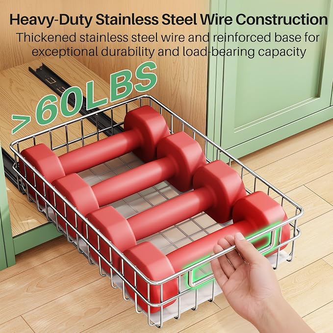 Pull out Cabinet Organizer, Stainless Steel 2-Pack Slide out Drawer with Silent Full-Extension Slides, Adhesive Roll out Can Spice Storage Basket Shelf Rack for Pantry, Kitchen, Bathroom, Home Closet - Image 4