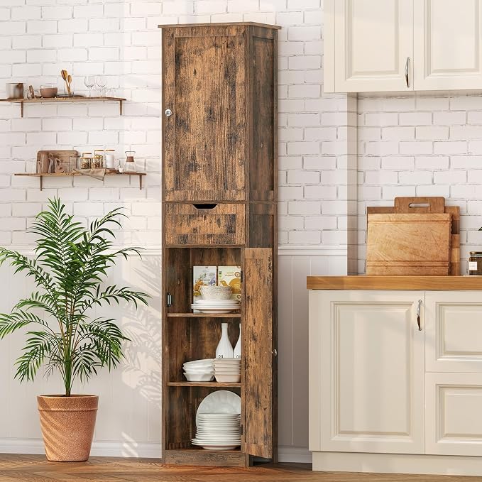 Iwell 67" Tall Storage Cabinet, Bathroom Cabinet with Drawer & Adjustable Shelves, Narrow Storage Cabinet, Floor Cabinet for Living Room, Home Office, Rustic Brown - Image 6