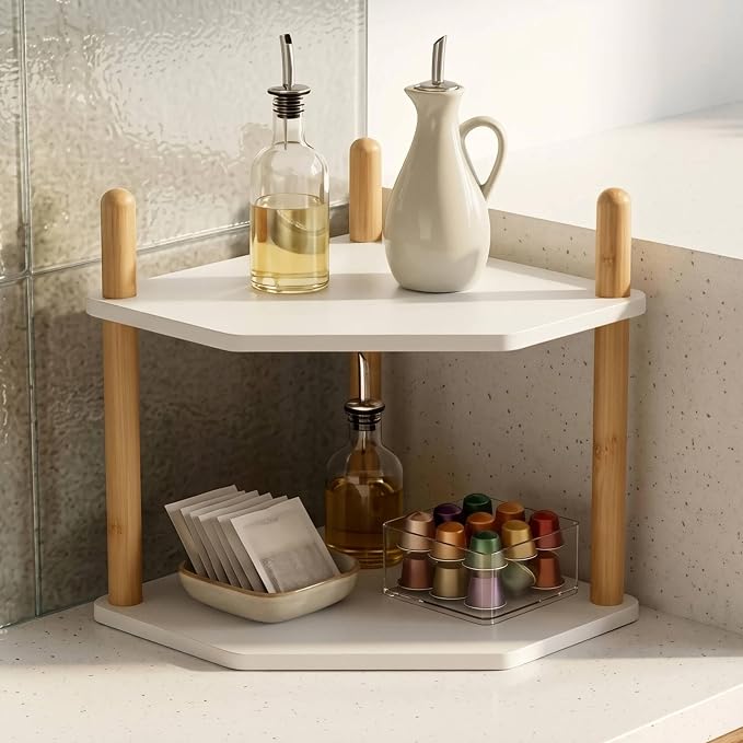 2-Tier Bamboo Corner Shelf,Kitchen Countertop Organizer,Corner Countertop Organizer Shelf, Coffee Bar Organizer,Coffee Bar Accessories,for Kitchen, Pantry, Organizers and Storage,White - Image 4
