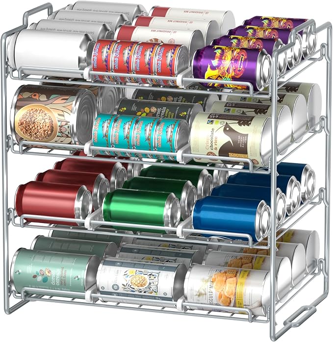 4 Tiers Stackable Can Rack Organizer, Wear-resistant Upgrade Beverage Food Can Dispenser Holder Holds up to 48 Cans for Kitchen Cabinet and Pantry (Silver) by Sulishang