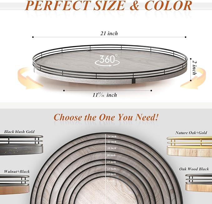 AMH 21-Inch Whitewashed Farmhouse Wooden Lazy Susan Organizer | Smooth rotating oak tray with walnut finish for dining tables, kitchen counters, pantries and cabinet storage. - Image 6