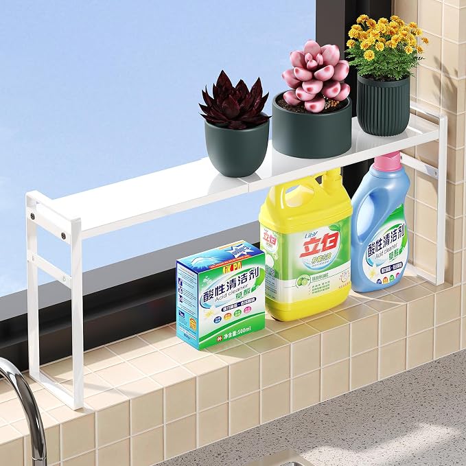 Expandable Narrow Shelf Organizer with 2-Level Adjustable Height | White, Tall Countertop Organizer for Tight Spaces, Windowsill Plant Stand, Over-Sink/Faucet Shelf, Kitchen Counter Storage by Unknown
