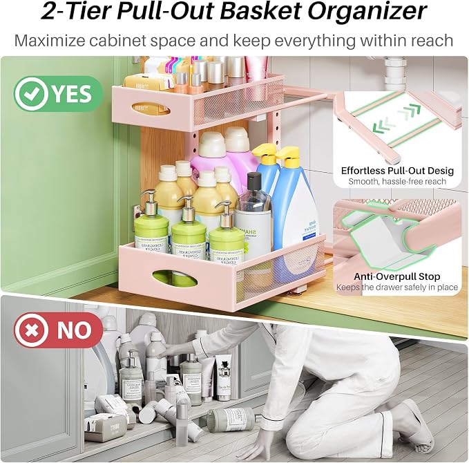 Under Sink Organizer, 1-Pack Pull Out Cabinet Organizer 2 Tier Metal Slide Out Storage Shelf Rack, L-Shaped Adjustable Height,Mesh Sliding Drawer for Kitchen, Bathroom, Laundry, Pantry, Pink, XL - Image 4