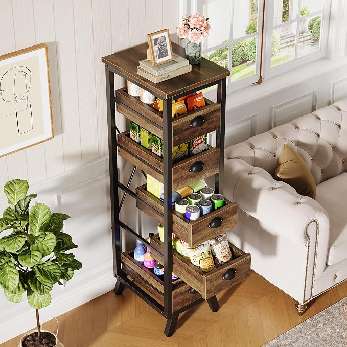 Tribesigns 5-Tier Kitchen Stand Fruit and Vegetable Storage Rack Set of 2 | 5-Tier Narrow Wood Corner Snack Stand Fruit Basket, Pull-Out Utility Organizer for Kitchen, Living Room, Rustic Brown - Image 6