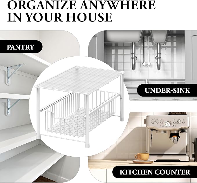 Simple Houseware Wired Stackable Under Sink Cabinet Sliding Basket, White | Free Standing Organizer Drawer, Kitchen/Pantry/Cabinet/Counter - Image 8