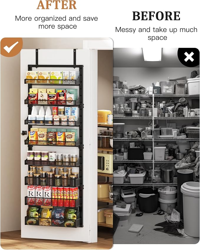 POKIPO 8-Tier Over the Door Pantry Organizer, Large Metal Door Spice Rack with Adjustable Basket, 2 in 1 Wall Mount or Hanging Heavy-Duty Pantry Door Storage Shelf for Kitchen and Bathroom, Black - Image 3