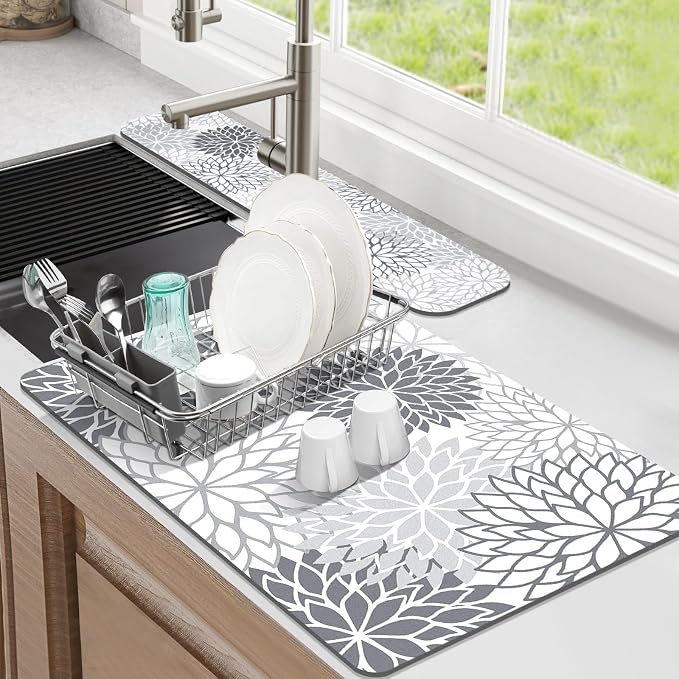 Findosom 2PCS 12" x 20" Dish Drying Mat & 24" x 5.5" Sink Splash Guard, Super Absorbent & Cuttable Dish Mat Drying Kitchen Mat with Gray Floral, Hide Stain Drying Mat for Kitchen Counter by Findosom