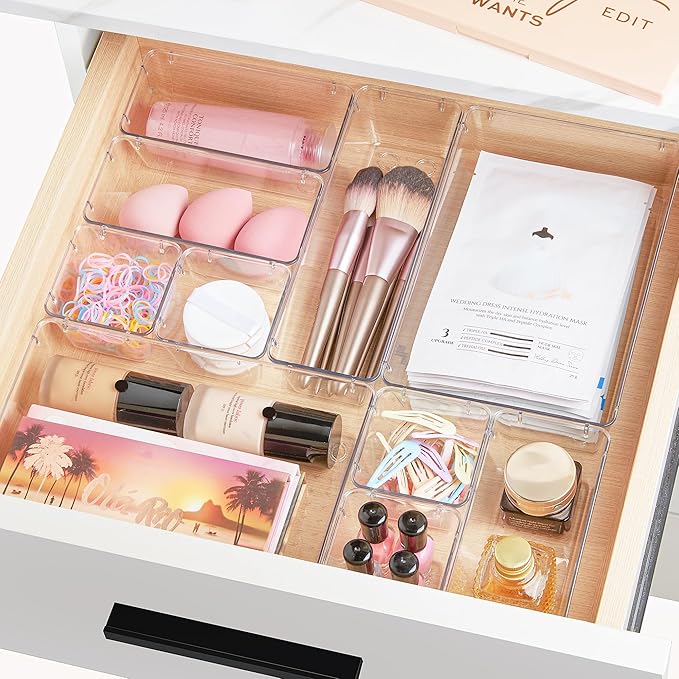Vtopmart 72 PCS Clear Plastic Drawer Organizers Set, 4-Size Versatile Bathroom and Vanity Organizer Trays, Non-Slip Storage Containers for Makeup, Jewelries, Bedroom，Kitchen Utensils and Office | 4-Size Versatile Makeup Organizer, Non-Slip Storage Cont... - Image 3