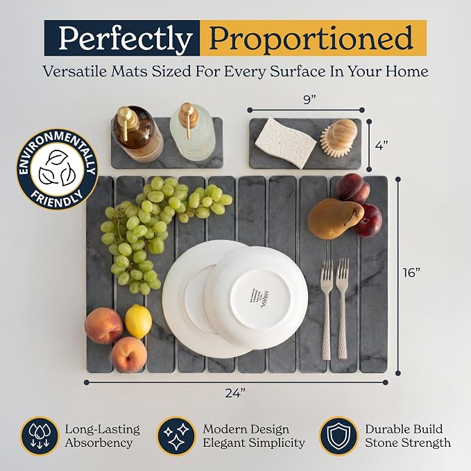 Oleex 3-Pack Stone Dish Drying Mat Set Includes 1 Large 24”x16” & 2 Small 4”x9” for Kitchen Counter-Collapsible Diatomaceous Earth Pad Absorbs Water & Dries Dishes Fast, Non-slip, Odor-Resistant Mats - Image 2