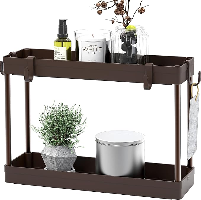 Simple Houseware 2-Tier Under Sink Organizer Storage Tray with Hooks, Brown - Image 6