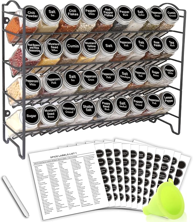 SWOMMOLY Spice Rack Organizer with 36 Spice Jars 4 oz, 396 Spice Labels | Chalk Marker, Funnel Set, Spice Organizer for Cabinet, Countertop, Pantry, Cupboard & Wall Mount, 16.5" W × 12.6" H, Black by SWOMMOLY