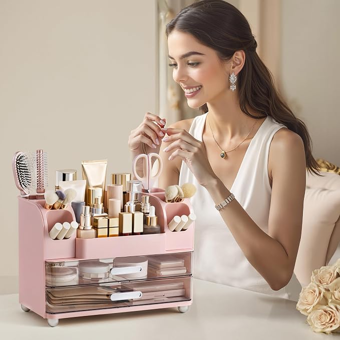 HBlife Makeup Organizer for Vanity with Brush Holder, Large Bathroom Countertop Cosmetic Organizer Skin Care Storage, Easy to Store Lipsticks, Nail Polishes, Perfumes, Eyeshadow Palettes, Pink - Image 6