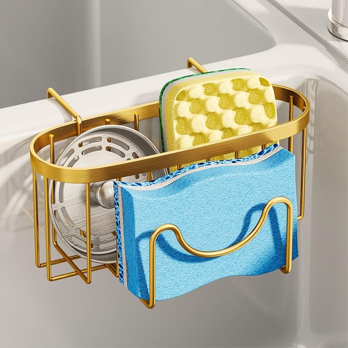 SWTYMIKI Sponge Holder for Kitchen Sink - Movable Kitchen Sink Caddy with M Shape Hook, Stainless Steel Hanging Sponge Caddy for Dish Sponge, Brush, Stopper Organizer in Double Sink, Gold by SwtyMiki-TidyHomeSweetLife