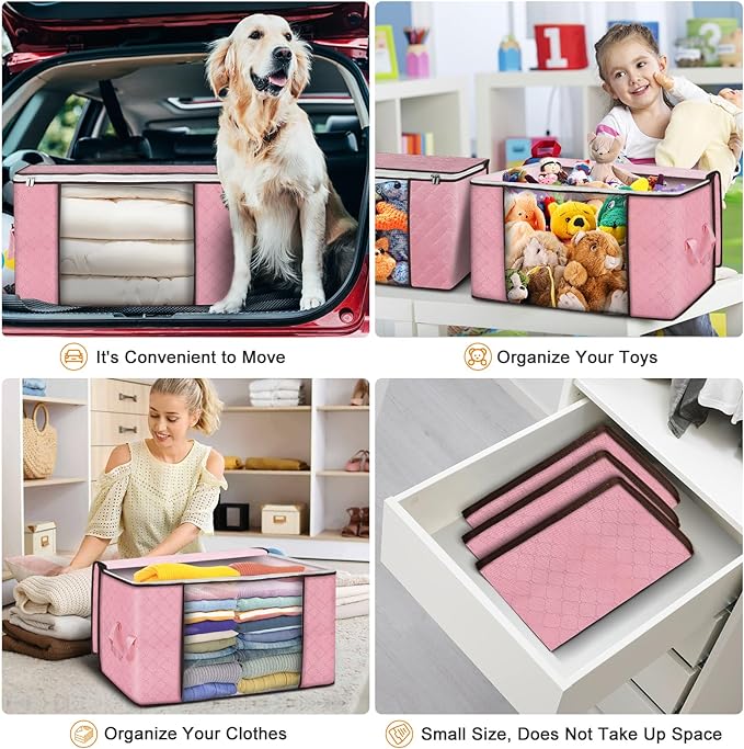 90L Large Storage Bags, 8 Pack Clothes Storage Bins Closet Organizers | Foldable Storage Containers, with Reinforced Handle, for Clothing, Blanket, Comforters, Bed Sheets, Pillows and Toys,Pink - Image 5