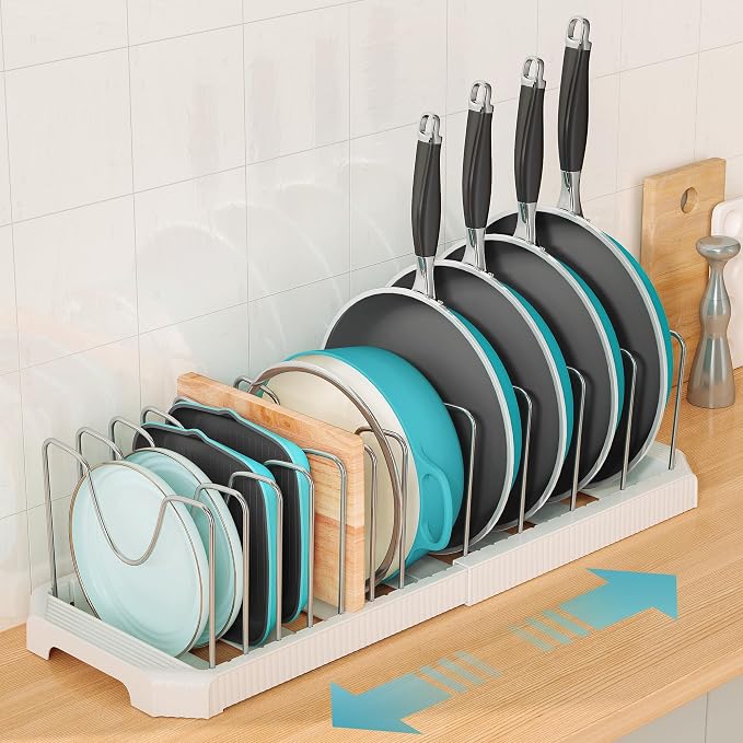 Expandable Pan Organizers Inside Cabinet with 12 Dividers White | Extends 12.9-21.9", Holds cookie sheets, cutting boards, pot lids and pans, iron dividers, plastic base, under cabinet rack - Image 2