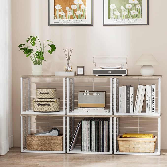 3PCS Stackable Closet Organizers and Storage Basket | with Wood Top Extra Storage, Multifunctional Storage Organizer Bin, Open Wire Basket, Greige and White - Image 6