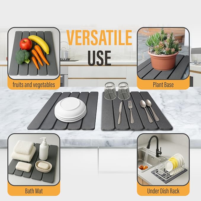 Large Foldable Stone Dish Drying Mat – Diatomaceous Earth, 2 Pack (12"x16" Each) or 24"x16" Combined – Fast Dry, Anti-Slip Pad, Sanding Tool & Instruction Manual for Kitchen and Bathroom, Dark Gray - Image 3