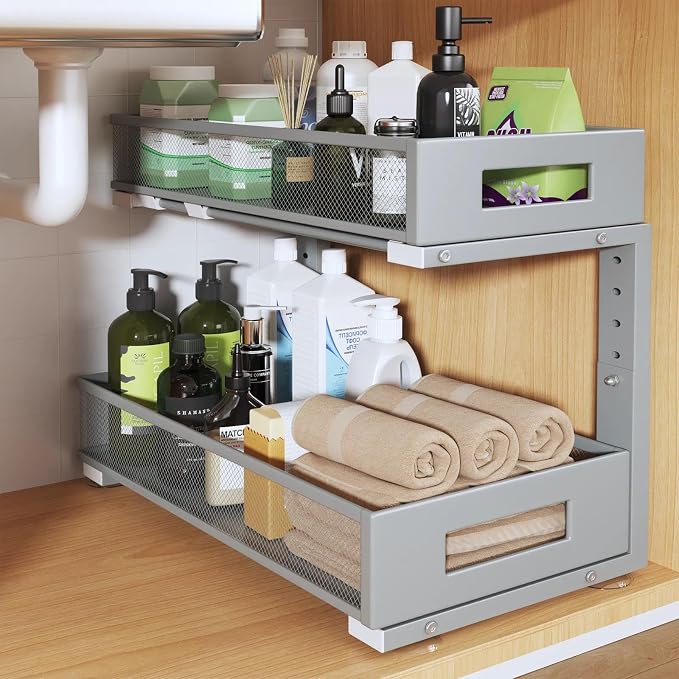 1 Pack 19IN Depth Under Sink Organizer, 2-Tier Pull Out Cabinet Organizer With Smooth Circular Rail, Large Capacity Metal Mesh Sliding Drawers For Bathroom& Kitchen Storage,Height Adjustable-Gun Gray by UnderSinkOrganizer