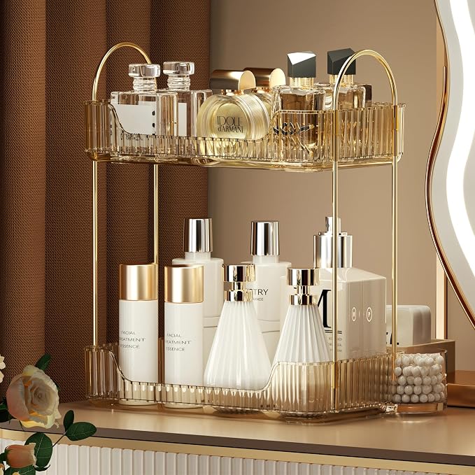 Akinbas 2 Tier Bathroom Organizer Countertop Makeup Perfume Tray Skincare Organizer for Bathroom Dresser Vanity (Gold) - Image 7