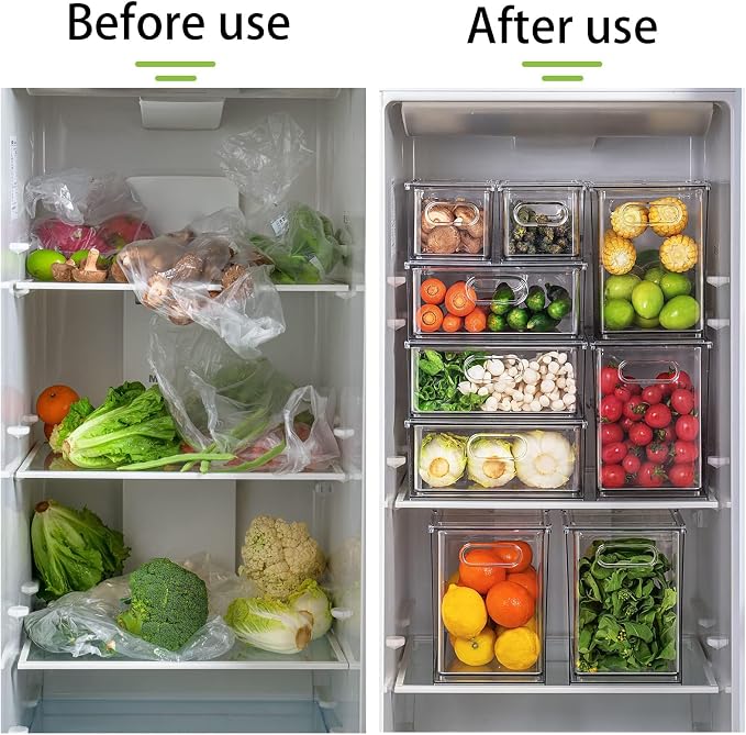 MANO Fridge Drawer Pull Out Stackable Bins with Handle Clear Refrigerator Drawers Organizer Food Storage Container Box with Dividers Plastic Produce Saver for Pantry, Cabinet, Kitchen, Clothes（4Pack） - Image 5