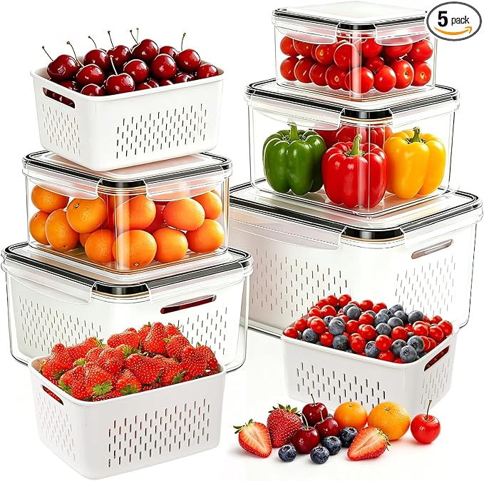 5 Pack Large Fruit Storage Containers for Fridge, Leakproof Produce Containers with Removable Colanders, Dishwasher Safe Fridge Organizers and Storage, Keep Berry, Vegetables Fresh Longer by Unknown