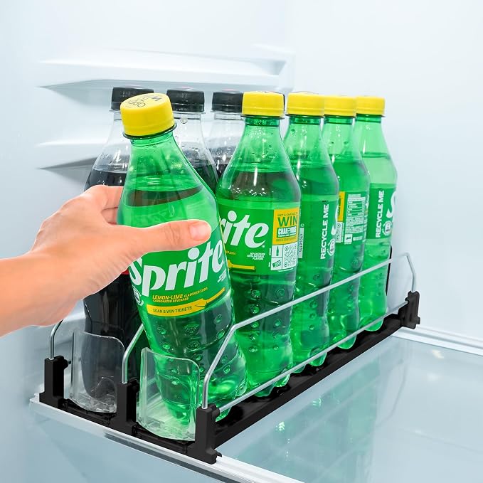 Upgraded Premium Drink Organizer for Fridge. Ultra Space Saving Soda Can Organizer for Refrigerator with Larger Stopper Height and Automatic Pusher with Locking Feature. Holds 10 Cans (2 Rows, Black) by SIPSORT