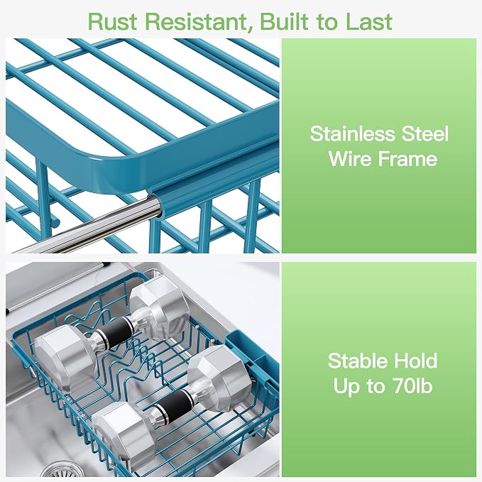 JASIWAY Blue Dish Drying Rack Over the Sink with Utensil Holder | Expandable Stainless Steel Dish Driainers for Small Kitchen, Apartment, Counter Space Saving, Fast Drain, Rust Resistant - Image 5