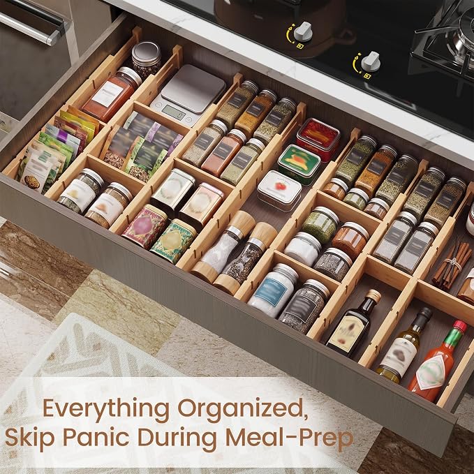 Bamboo Drawer Dividers 6 Pack with Inserts, Kitchen Adjustable Drawer Organizers for Home, Bedroom, Dresser, Expandable Organization 6 Dividers with 12 Inserts - Image 5