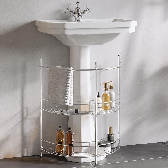 Lavish Home Pedestal Sink Organizer, Silver, 21.25” x 11” x 23.25” | Compact Under the Sink Rack with 2 Storage Shelves and Towel Holder, Space Saving Bathroom Storage - Image 4