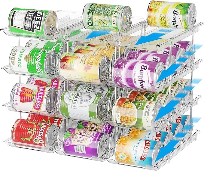 Can Organizer for Pantry 4 Tiers Rolling Can Storage Cupboard | Automatic Rolling Holds 48 Cans Combinable Canned Food Organizer Soda Can Organizer for Cupboard Cabinets Pantry Fridge Clear by BingoHive