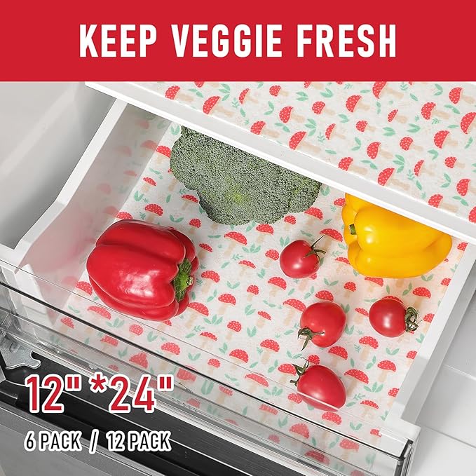 Cooyes 12 Pack Cloth Shelf Liners for Kitchen Cabinets, 12" × 24", Non-Slip Refrigerator Liners Machine Washable, Crisper Drawer Mats for Glass Shelves and Freezers, (Red Mushroom) - Image 6
