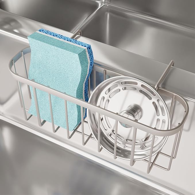 SWTYMIKI Sponge Holder for Kitchen Sink with Partition, Movable Kitchen Sink Caddy with Compact Size Rustproof and Waterproof Hanging Sponge Caddy for Double Bowl Sinks,Sand Nickel by SwtyMiki-TidyHomeSweetLife